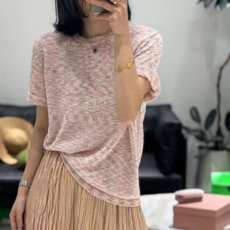 亮片亚麻短袖女针织衫夏季