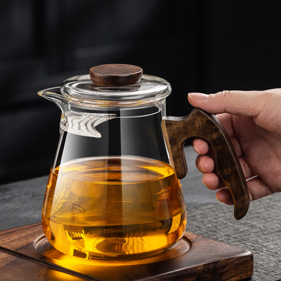 大号玻璃公道杯加厚耐高温月牙公杯木盖倒茶分茶器茶水分离700ML