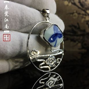 配饰 清康熙青花官窑古瓷吊坠原创胸针女复古大衣别针胸花外套开衫