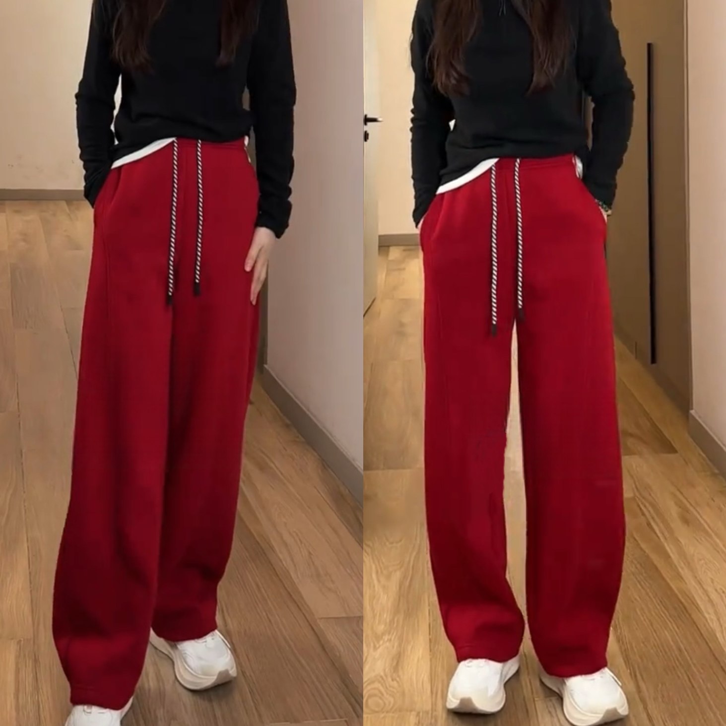 红色阔腿裤女宽松抽绳弯刀裤冬季加绒加厚宽松气质垂感显瘦休闲裤,女装/女士精品,休闲裤,淘宝优惠券,粉丝福利购,淘宝优惠卷