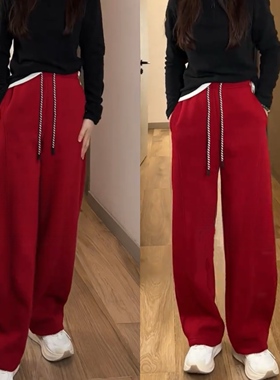 红色阔腿裤女宽松抽绳弯刀裤冬季加绒加厚宽松气质垂感显瘦休闲裤