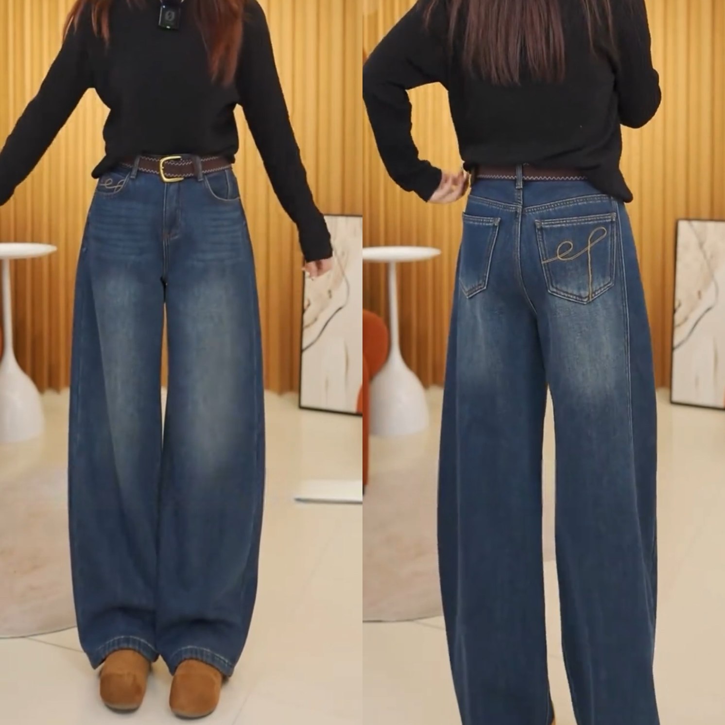 刺绣弯刀阔腿裤秋冬新款复古宽松简约牛仔裤加绒显瘦百搭时尚长裤