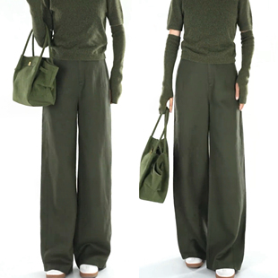 高腰窄版 高腰榉木绿长裤 挂腰裤 气质垂感阔腿裤 女 时尚 天丝亚麻夏季