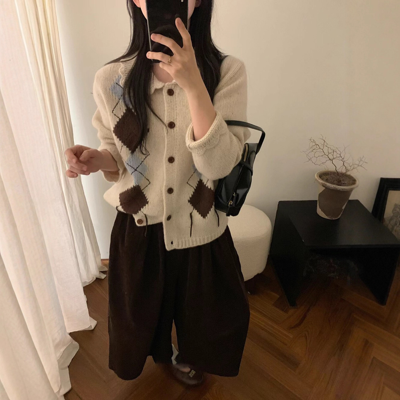 花边领子~韩系菱形格针织开衫女早秋修身百搭设计感休闲毛衣外套