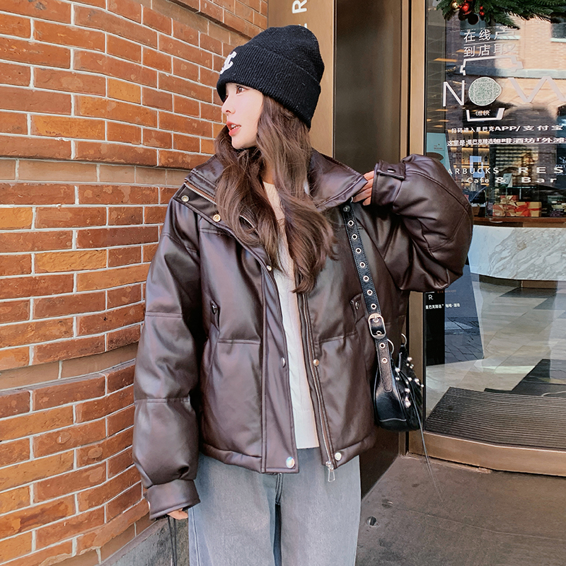 现货2025冬季新款时尚高级品质款保暖小个子短款PU皮90绒羽绒服