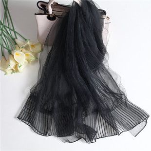 韩版新款桑蚕丝真丝女丝巾双层披肩春秋冬季百搭纯色细条纹黑灰色