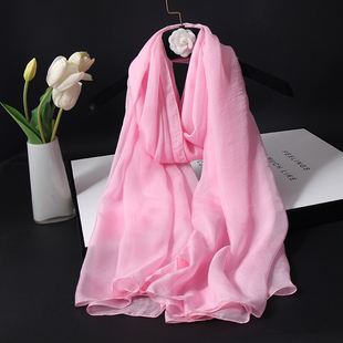 春秋新款丝巾女美艳桃粉色纱巾装饰户外拍照长款围巾薄款洋气披肩