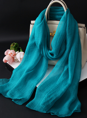 新款时尚柔软真丝丝巾女高级桑蚕丝围巾春季防晒披肩围脖纱巾蓝色