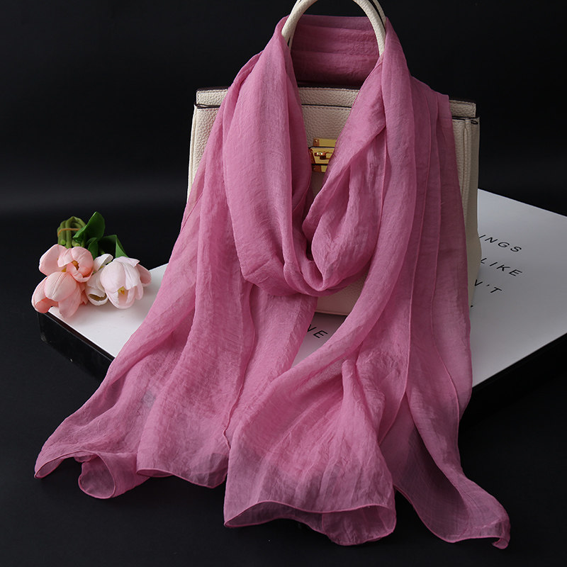 时尚精致妈妈长条丝巾纯色百搭丝巾柔软真丝围巾春秋沙巾紫色围脖