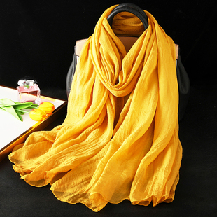 轻薄款真丝丝巾女姜黄色飘逸舞蹈围巾旅游拍照秋冬季长款装饰保暖