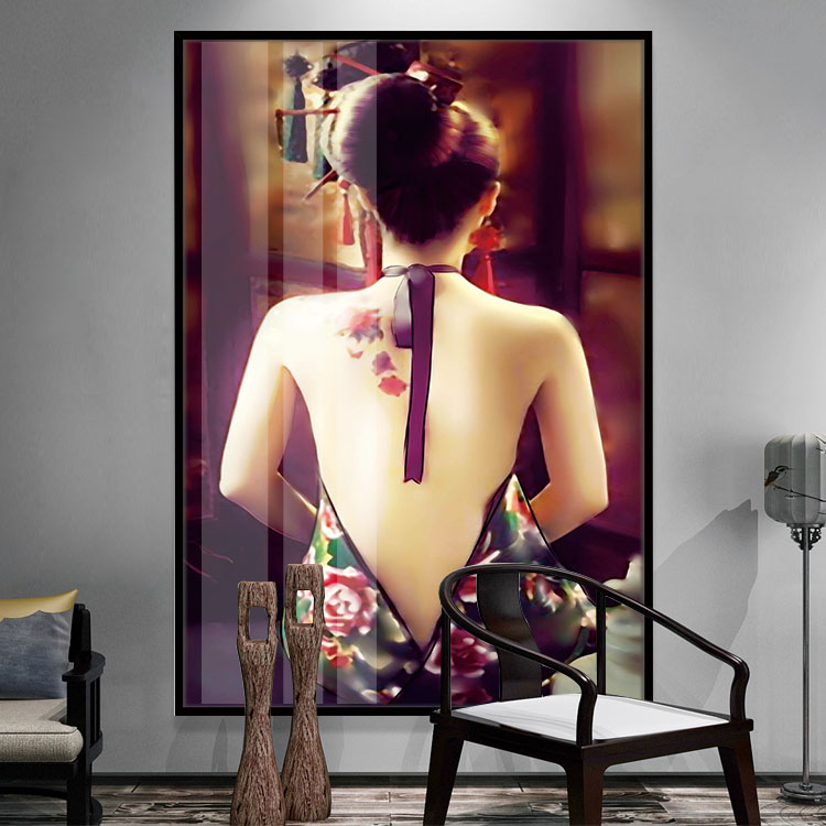 新中式风美女背影艺术黑框晶瓷画