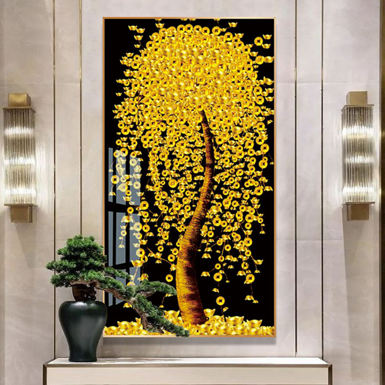 金黄色幸福树装饰画现代轻奢抽象大树晶瓷画家庭玄关长幅竖版挂画图片