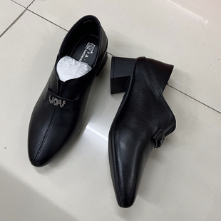黑色中跟妈妈鞋 上海花牌真皮深口单鞋 女粗跟套脚软底舒适通勤皮鞋