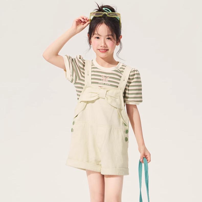 童装女童背带裤套装夏季2025女孩休闲儿童洋气短袖T恤裤子两件套6