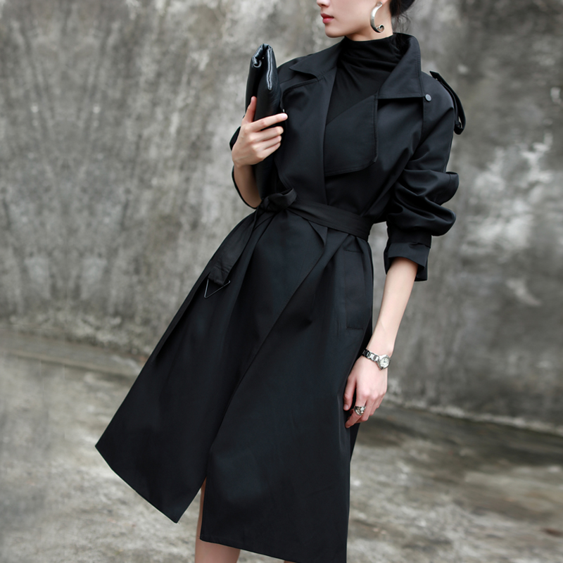 黑色中长款风衣2022新款时尚女秋冬百搭气质女神范过膝英伦风外套