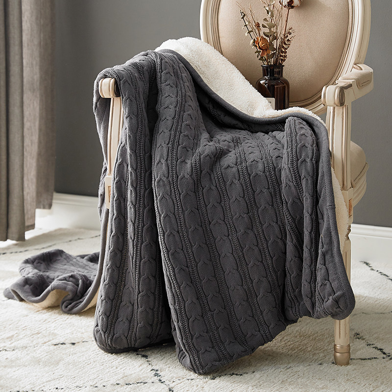 银柏家纺现代简约纯色秋冬双层全棉麻花加绒加厚毯床毯保暖毯