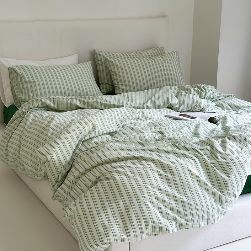 日系极简风小条纹色织32s长绒水洗棉床上四件套床单被套床笠床品