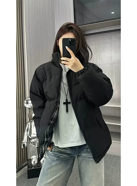 格纹拼接加厚保暖立领羽绒服男