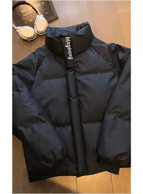 黑色三防PU皮立领加厚羽绒服男