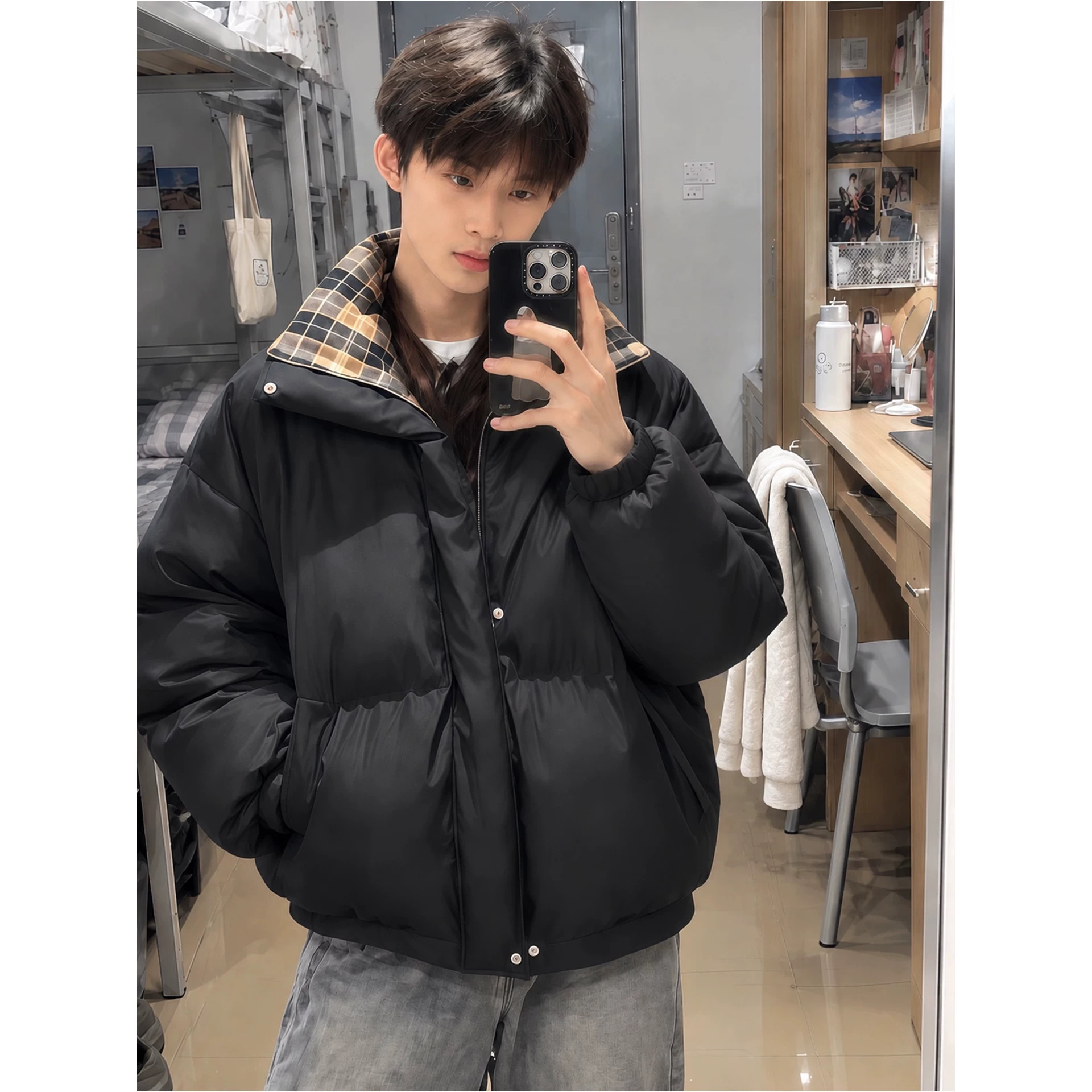 美式格纹拼接PU皮保暖羽绒棉服男冬季加厚立领短款棉衣潮牌外套男