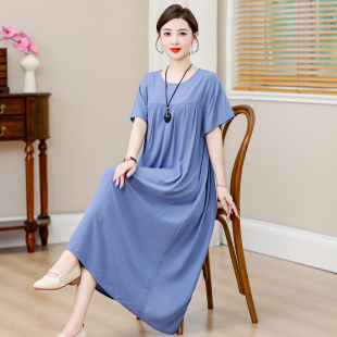 大码 印花棉绸连衣裙女妈妈装 宽松遮肚显瘦外穿睡裙 新款 中老年夏季