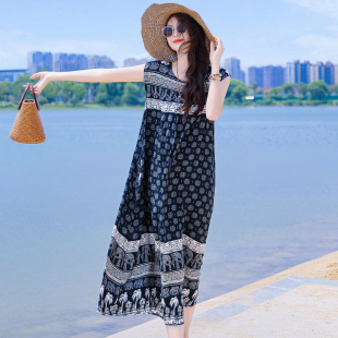 宽松大码 印花棉绸连衣裙女无袖 中年妈妈度假沙滩裙子 新款 2026夏季