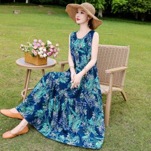 大摆裙子宽松大码 2026夏季 印花棉绸连衣裙女加长款 无袖 沙滩裙 新款