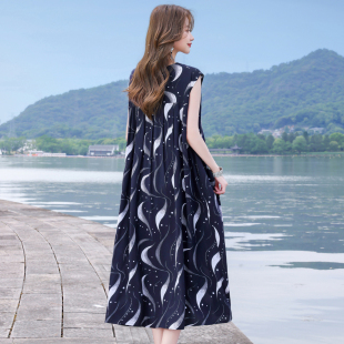 中老年妈妈印花棉绸连衣裙女加肥加大宽松睡裙夏季 度假沙滩裙 新款