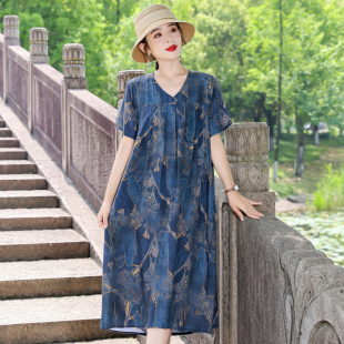 印花遮肚显瘦睡衣裙子 棉绸连衣裙V领宽松大码 中老年妈妈夏季 新款