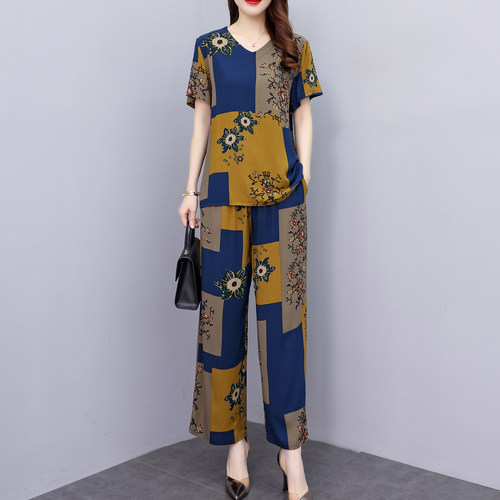 中老年妈妈夏装新款宽松短袖棉绸两件套女时尚印花九分裤睡衣套装 - 封面