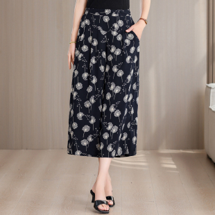 新款 薄款 高腰棉绸印花阔腿裤 七分休闲裤 女宽松大码 中老年妈妈夏季