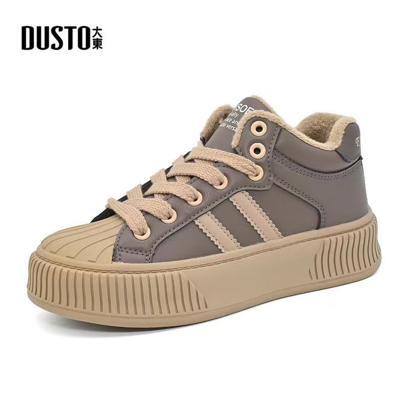 大东板鞋女2024冬季新款时尚休闲中跟平底圆头系带舒适加绒运动鞋