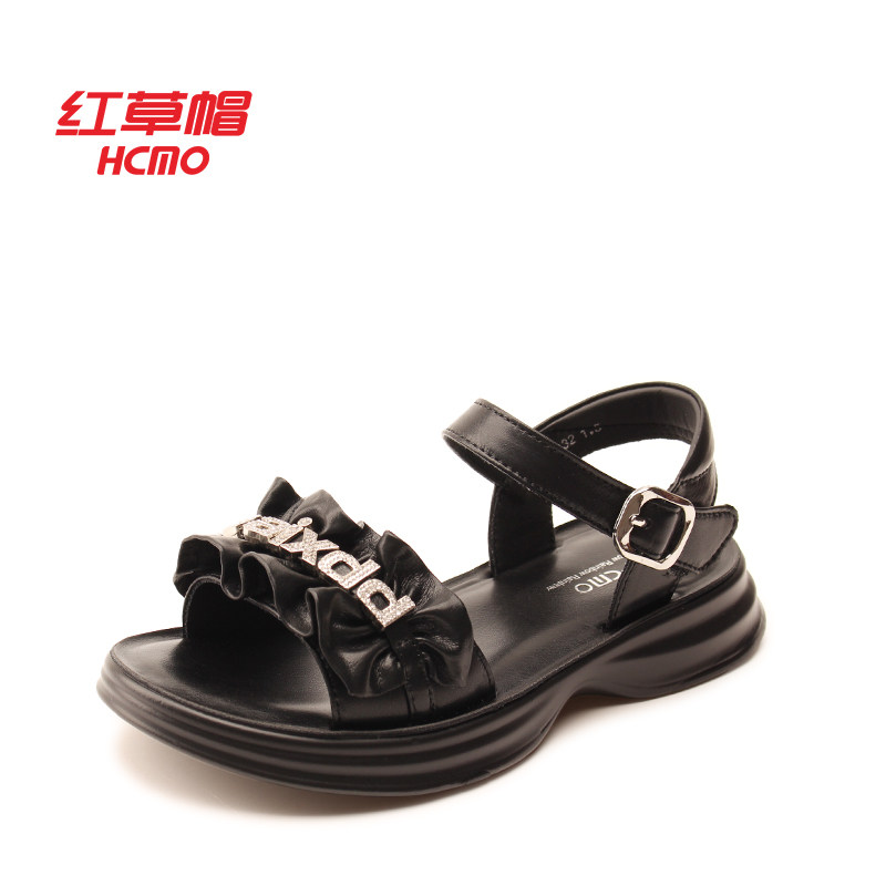 HCMO红草帽女童沙滩风女凉鞋夏季一字扣带荷叶边鞋子T0142205
