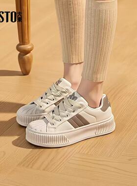 大东面包鞋24秋季新款时尚休闲平底中跟圆头系带简约板鞋24Q7556