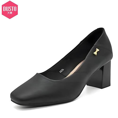 大东女鞋2025春季新款时尚休闲简约百搭舒适粗跟高跟浅口方头单鞋