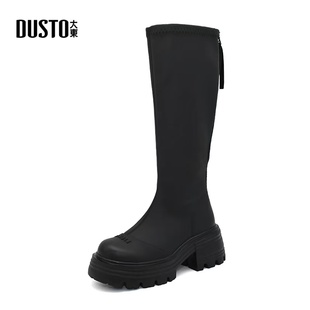 休闲中跟厚底圆头舒适加绒长靴 时尚 大东中筒骑士靴女2024冬季 新款