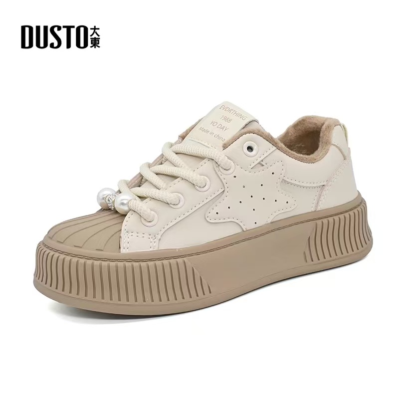 大东板鞋女2024冬季新款时尚休闲中跟平底圆头系带舒适加绒运动鞋