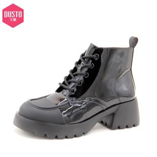 大东漆皮亮面24秋冬新款 百搭骑士皮靴 中粗跟软皮女短靴时尚