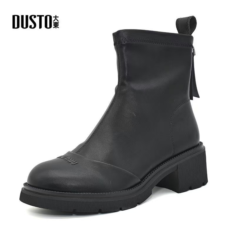 大东时装靴女2024冬季新款时尚气质休闲中跟粗跟圆头舒适加绒短靴