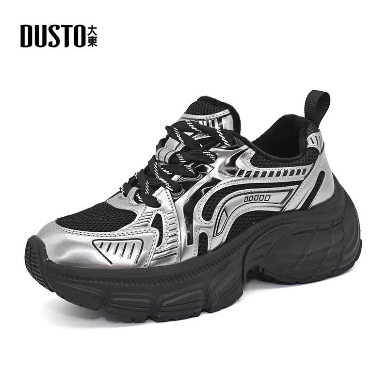 大东老爹鞋女2024冬季新款时尚休闲中跟平底圆头系带加绒运动鞋