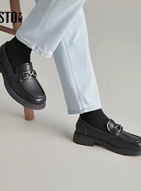 大东乐福鞋24秋季新款时尚优雅粗跟低跟套脚圆头休闲皮鞋24Q1210