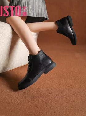 大东马丁靴023冬季新款简约风中跟粗跟短靴圆头系带女鞋23D1251