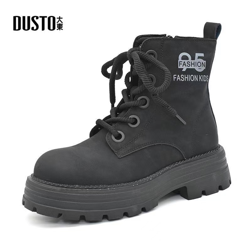 大东马丁靴女2024冬季新款英伦时尚潮流中跟平底圆头系带休闲女鞋