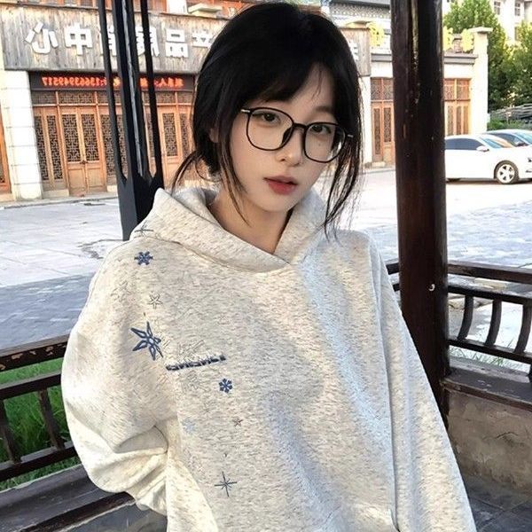 美式高街雪花星星刺绣连帽卫衣女秋冬懒惰风宽松百搭情侣外套男潮