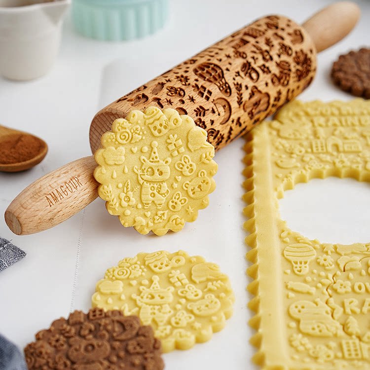 amagour安柚可爱卡通小熊熊游乐园榉木印花擀面杖饼干压模切模
