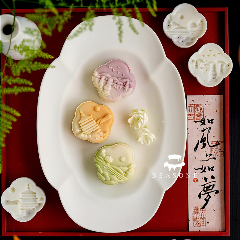 新中式国潮风50g映像西湖西湖绿豆糕模具冰皮流心米糕广式月饼模