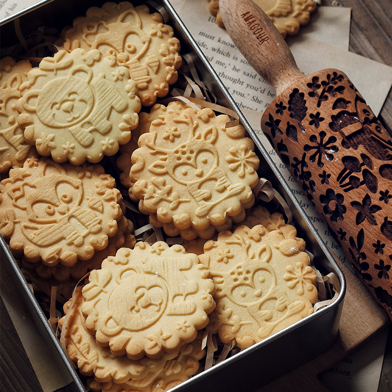 擀面杖木质实木动物印花饼干