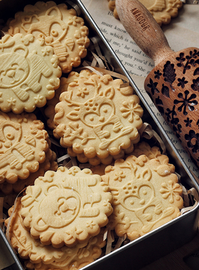 AMAGOUR 森系卡通大动物擀面杖深雕木质印花压花擀面杖饼干