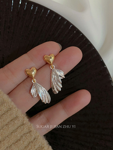 SUGAR 金银拼色爱心羽翼耳钉女小众设计高级感时尚个性独特耳环女