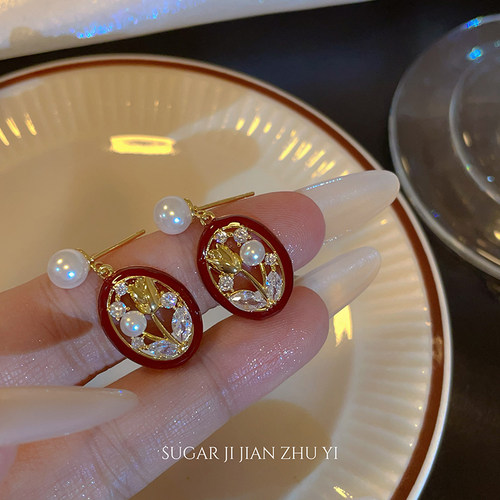 SUGAR 复古宫廷风郁金香珍珠耳钉小众设计高级感红色滴釉耳环女